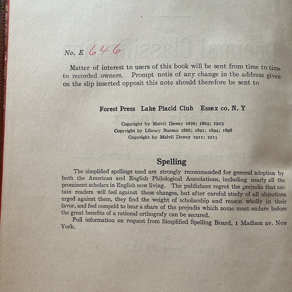 Dewey Decimal Classification and Index by Melvil Dewey, Ed. 8, copyright 1913 - Picture 7 of 16